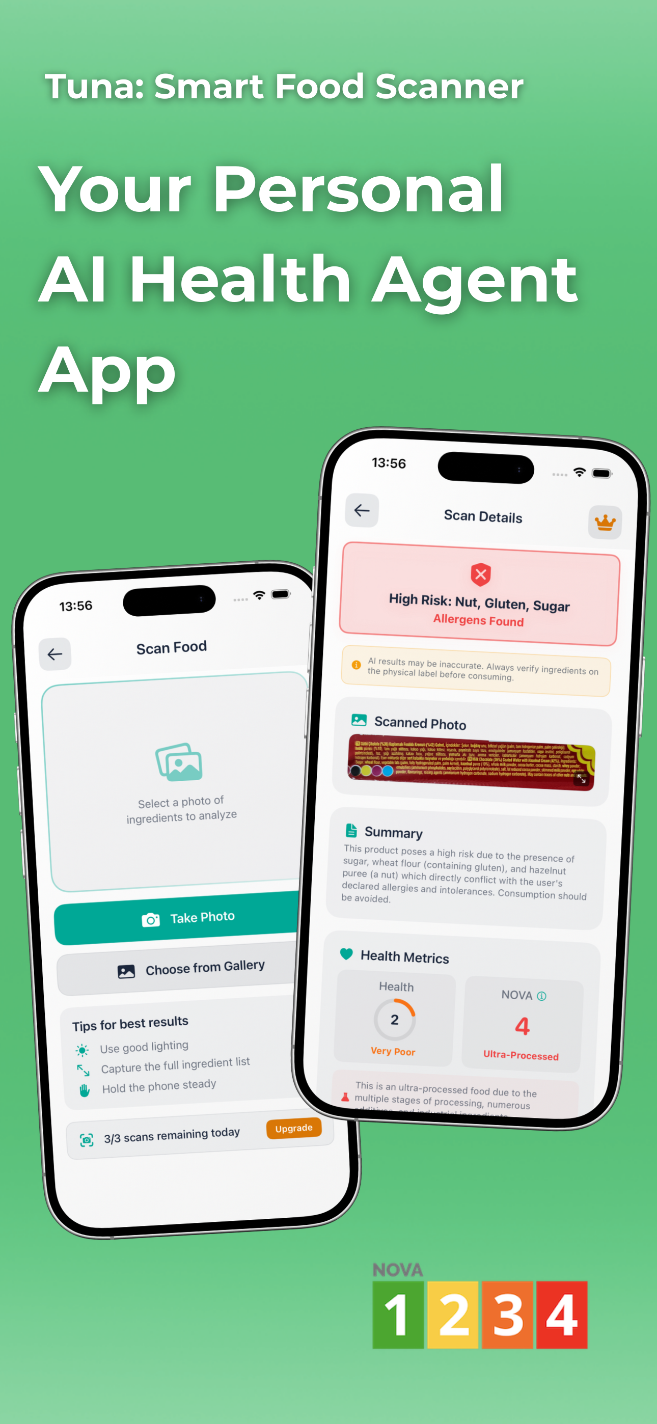Tuna app main interface displaying AI-powered food scanning feature with clean modern design