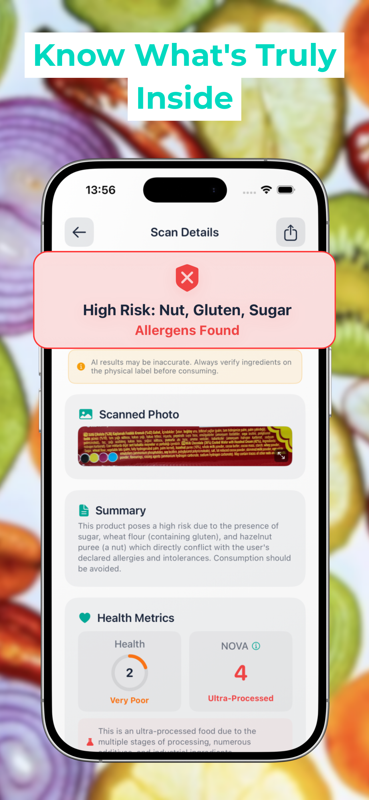 Tuna app allergen detection screen showing dangerous ingredients highlighted in red with detailed analysis