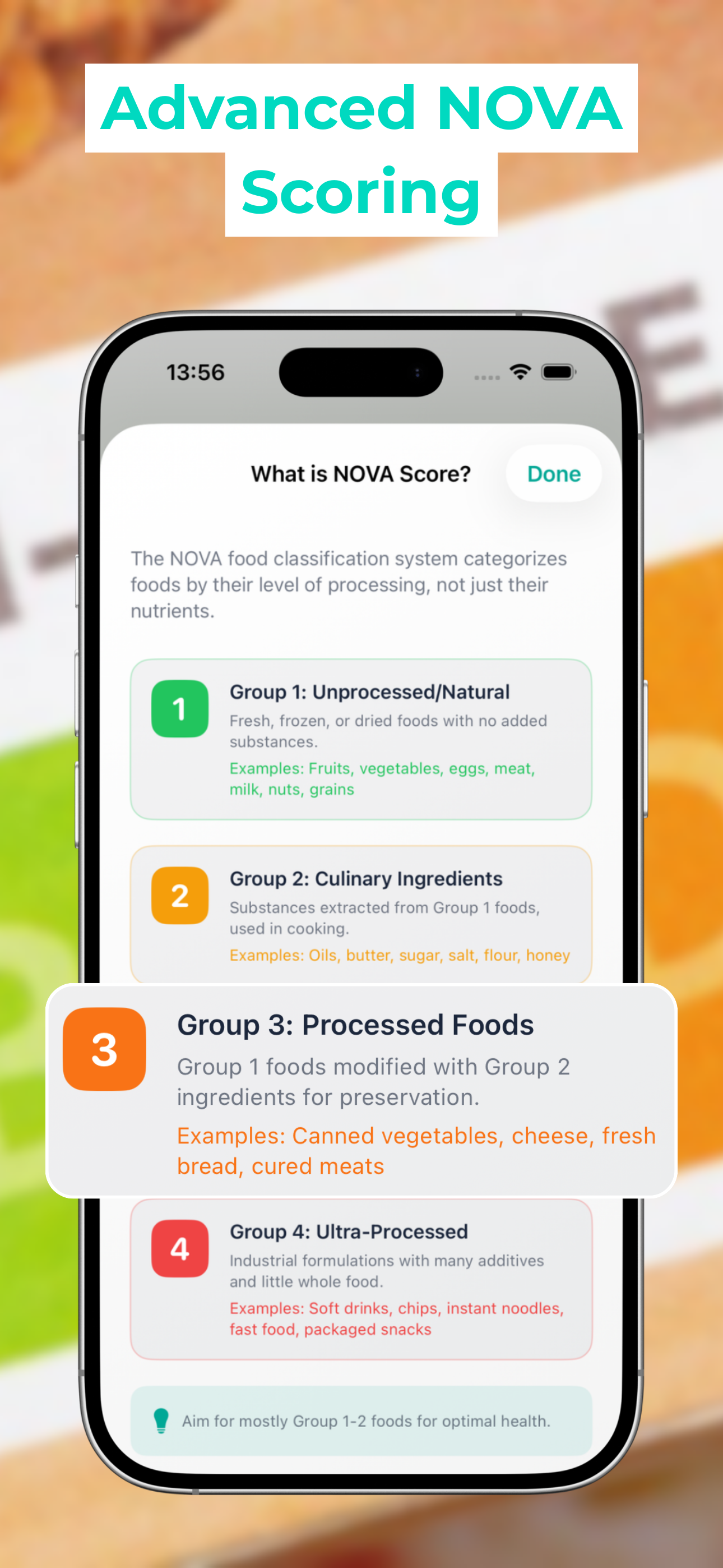 Tuna app NOVA food processing score explanation with visual scale indicator